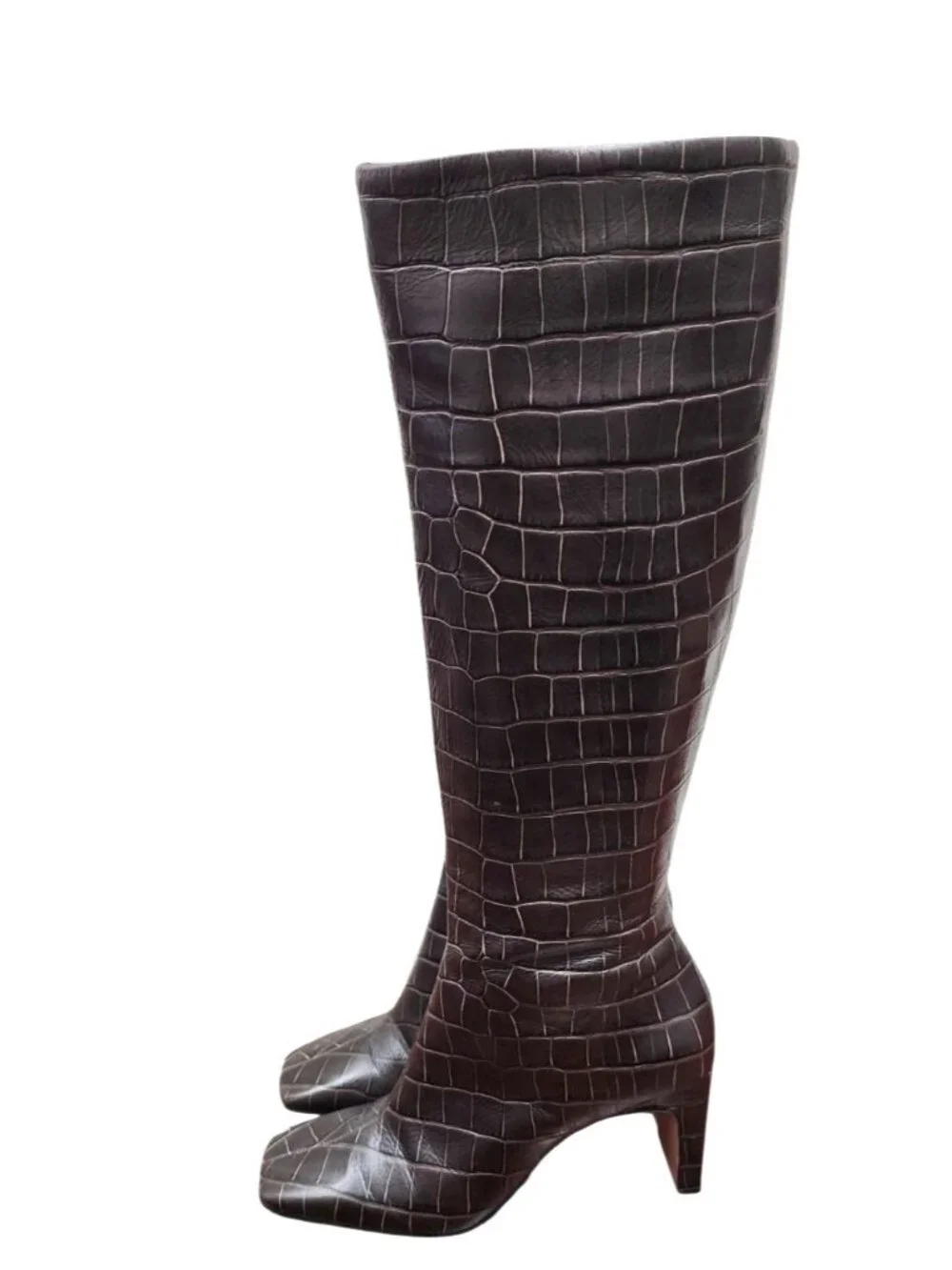SCHUTZ Brown Croc Embossed Leather Knee High Boots Square Toe 6.5B Brazil